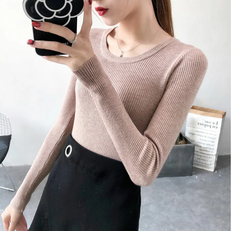 

Women's Sweaters Winter Warm Knitted Pullover Khaki Sweater Vintage Korean Basic Bottoming Shirt Woman Sweaters Round Neck Top
