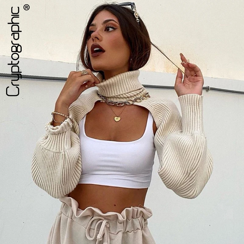 turtleneck lantern sleeve cropped sweater