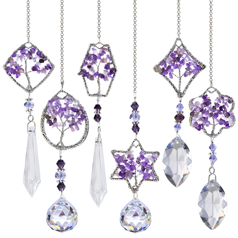 H&D Rainbow Maker Crystal Tree of Life Suncatcher Healing Hanging Chakra Glass Pendant Decor for Home Window Car Garden, 6PCS