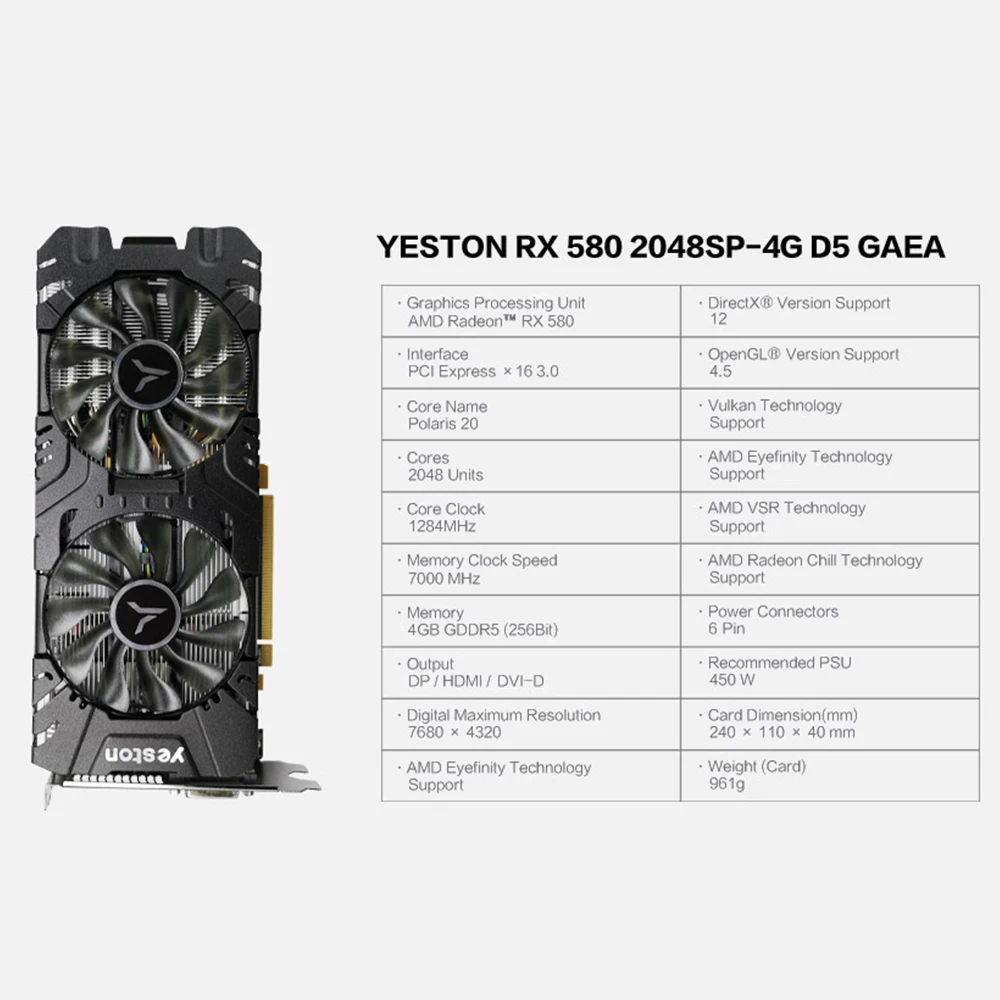 Yeston Radeon RX 580 GPU 4 ГБ GDDR5 256bit игровой настольный компьютер ПК видеокарты Поддержка DVI/HDMI PCI-E X16 3,0