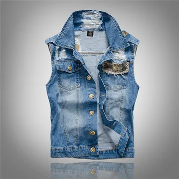 

2020 Ripped Jean Jacket Men's Denim Vest Hip Hop Jean Coats Waistcoat Men Cowboy Brand Sleeveless Jacket Male Tank Plus Size 6XL