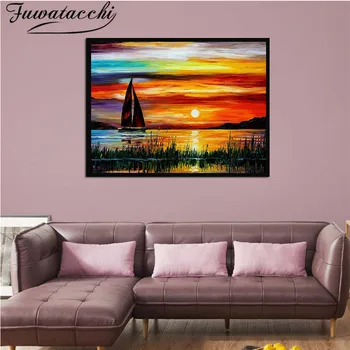 

Fuwatacchi Sunset Sailing Wall Art Oil Printing Abstract Picture Spray Paintings for Home Decor Living Room No Fram Fiber Cloth