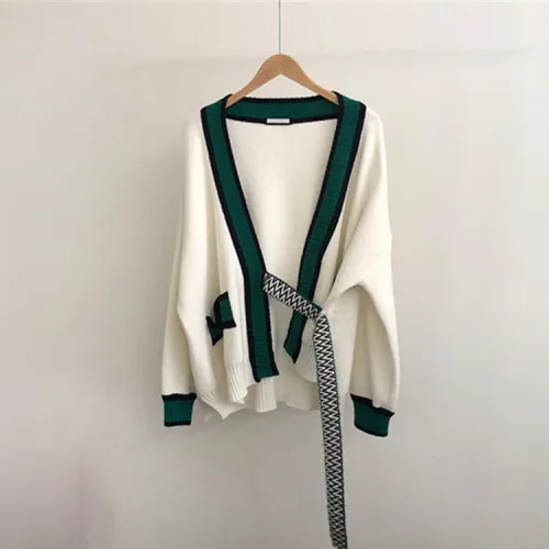 Женский осенний свитер с одной пуговицей, пэчворк, v-образный вырез, сексуальный, зеленый, белый, свободный, длинный рукав, вязаный кардиган, пальто, корейский стиль, повседневный