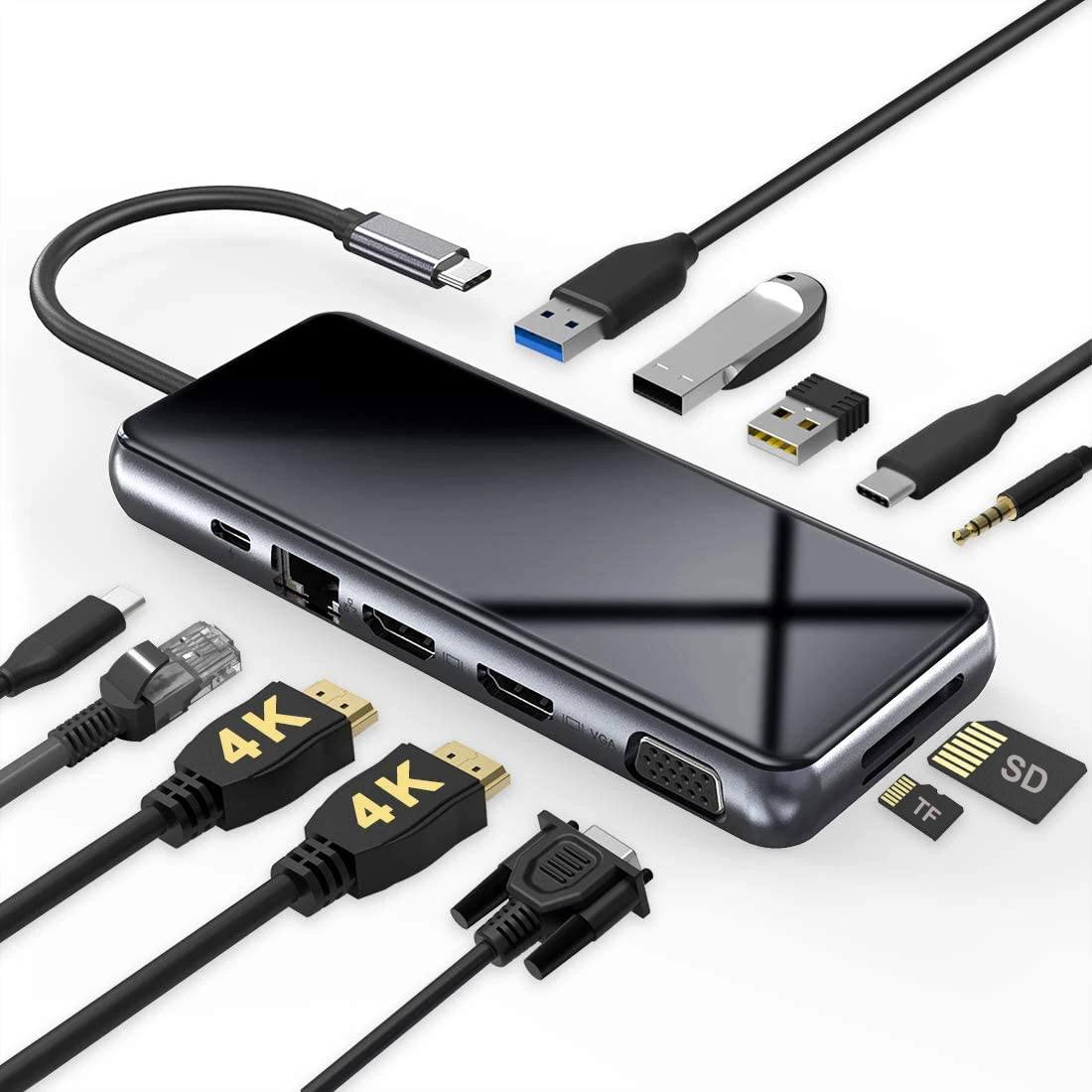 Док-станция 12 в 1 USB C-концентратор 3USB/2HDMI/VGA/RJ45/100 Вт переходник PD/Aux разветвитель для