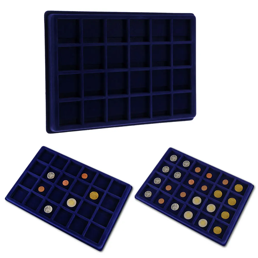 24 Grid Velvet Frame Coin/Jewelry Display Tray Box for Exhibition Hall -Blue