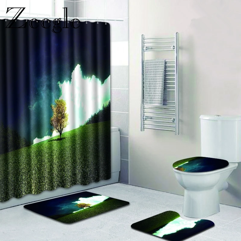 Zeegle 4pcs Bath Mat Set with Shower Curtain Toilet Cover Mat Anti-slip Toilet Floor Rug Modern Soft Mat Toilet U Type Mat Lid