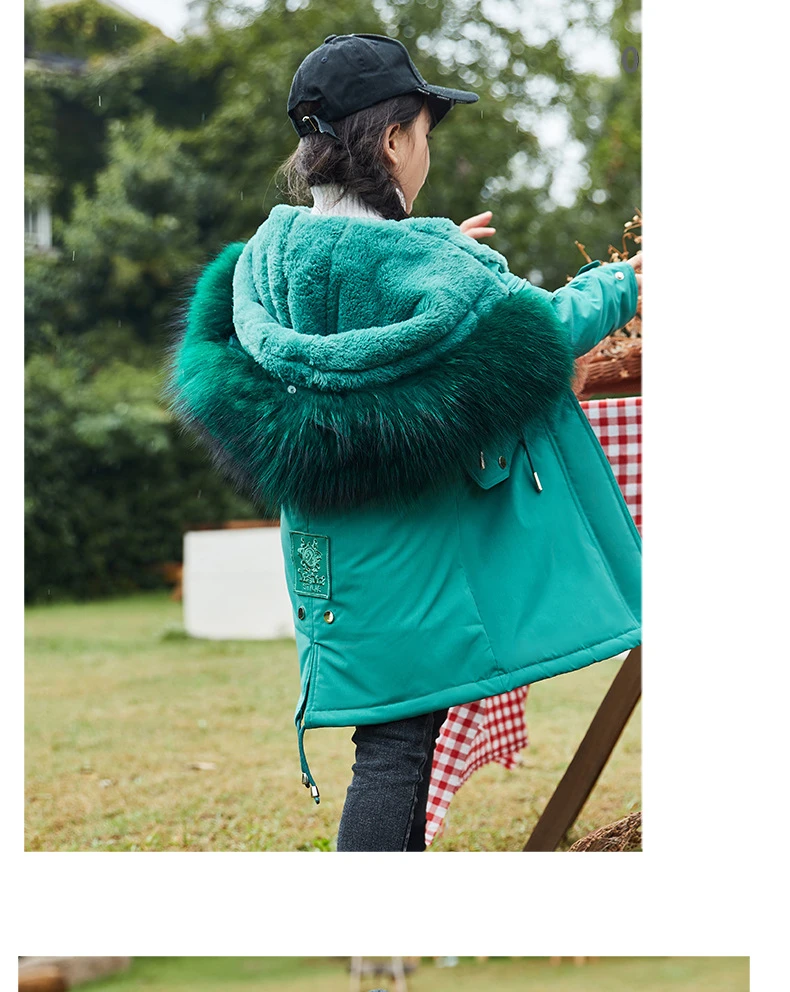 Детская одежда для девочек зимняя куртка-пуховик парка натуральный мех,-30 градусов зимняя одежда из плотного кашемира для маленьких пальто на заостренном капюшоне, одежда
