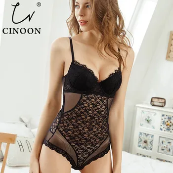 

CINOON Sexy Lace Bustier and Corset Women Elasticity Transparent Lace Bodysuit Halter Jumpsuit Charming Lingerie Gothic Corset