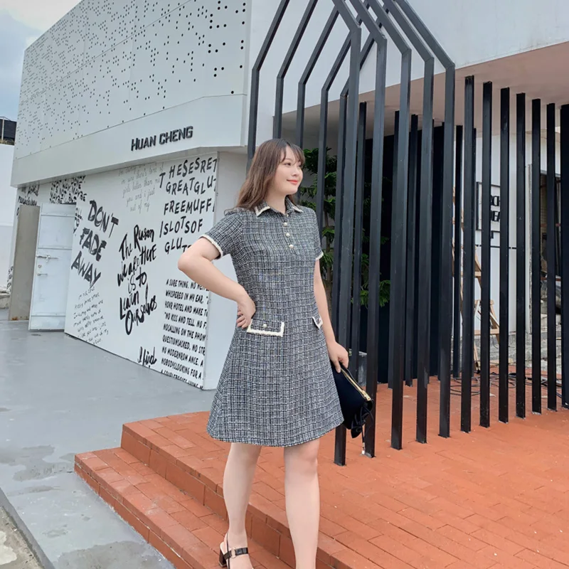 Toleen Elegant Women Dress Plus Size Dress Lace Shirt Collar Black And White Check Pocket Pearl Button Female Dress