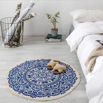 

Morocco Round Rug Boho Style Tassel Cotton Fabric Carpet Mat Door Blanket Decor M0XD