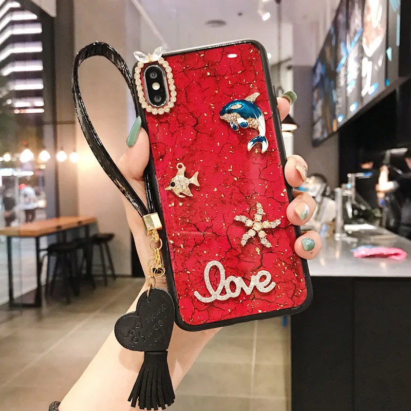 Модный эпоксидный чехол для телефона со шнуром для iphone MAX XS XR 6 7 8 plus X Алмазный блестящий чехол для телефона s - Цвет: Красный