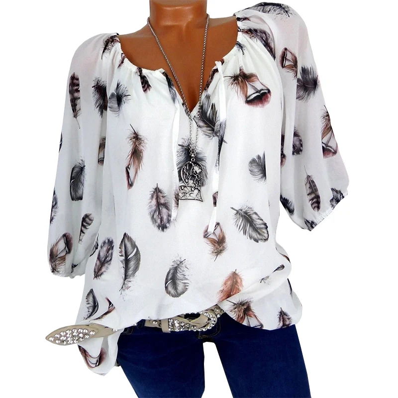 

Fashion Casual Summer Women Shirts Chiffon Tops Female Plus Size Blouse 5XL Soft Feather Print Loose Sleeve V-Neck