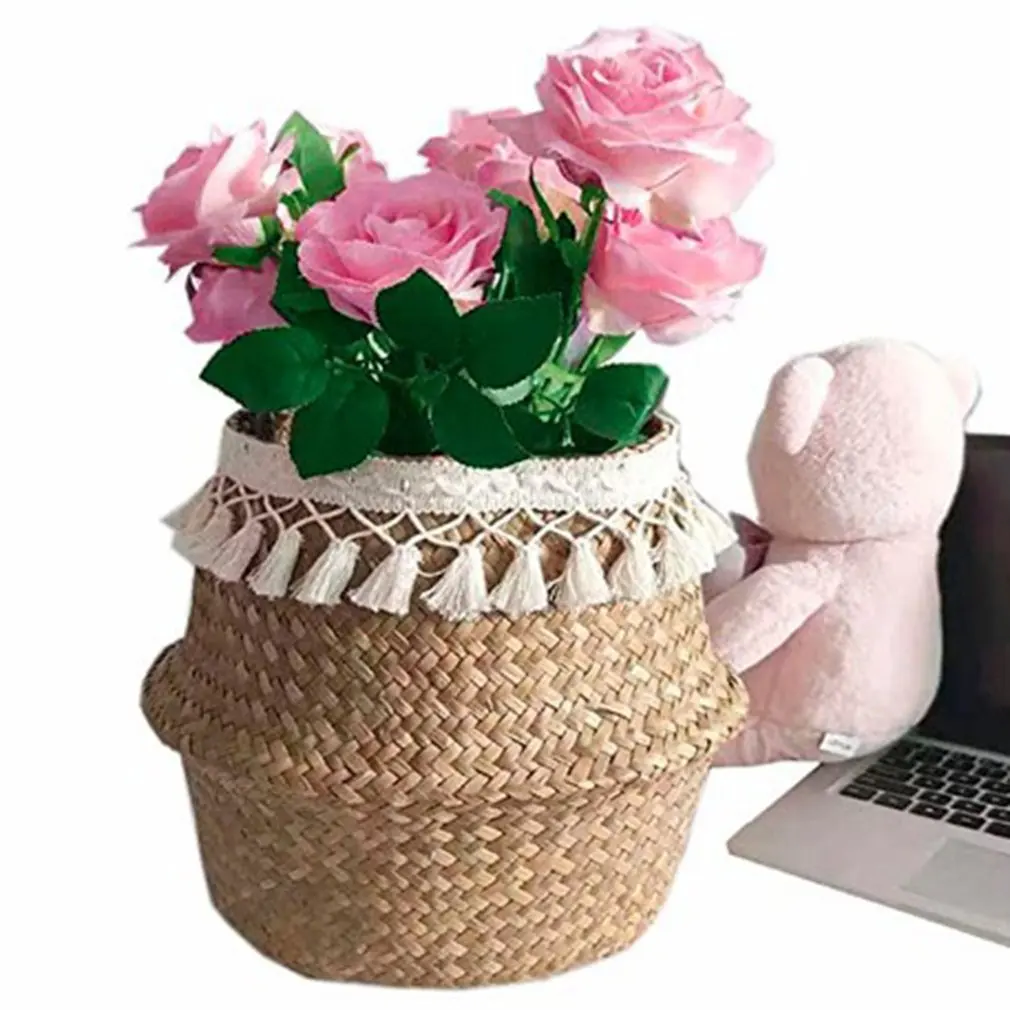 

Flower Basket Fringed Hand-woven Seagrass Basket Creative Household Items Folding Beautiful Straw Flower Basket