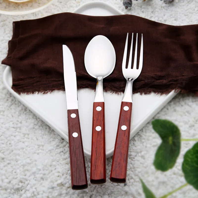 

3pcs/Set Wood Handle Dinnerware Stainless Steel Party Dinner Spoon Knife Fruit Fork Cutlery Wood Handle Tableware