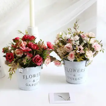 

Nordic style Artificial Silk Flowers Iron Pot Potted Bonsai Plant For Home Office Desk Cafe Wedding Party Festival Decoration