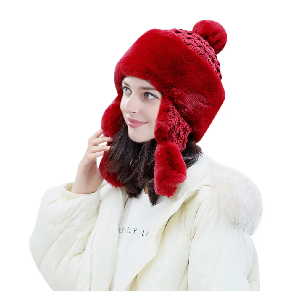 Red Новые шапки, сохраняющие тепло, пушистые зимние, повседневные, шерстяные, вязаные, шапка с ушками, утепленные Лыжные шапки с ушками, защитные шляпы, шапка женска - Цвет: Red