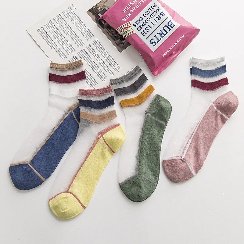 

1 Pair Spring Summer Ultra-thin Soft Socks Fashion women Transparent Color Striped Lace Casual cute Breathable Sock