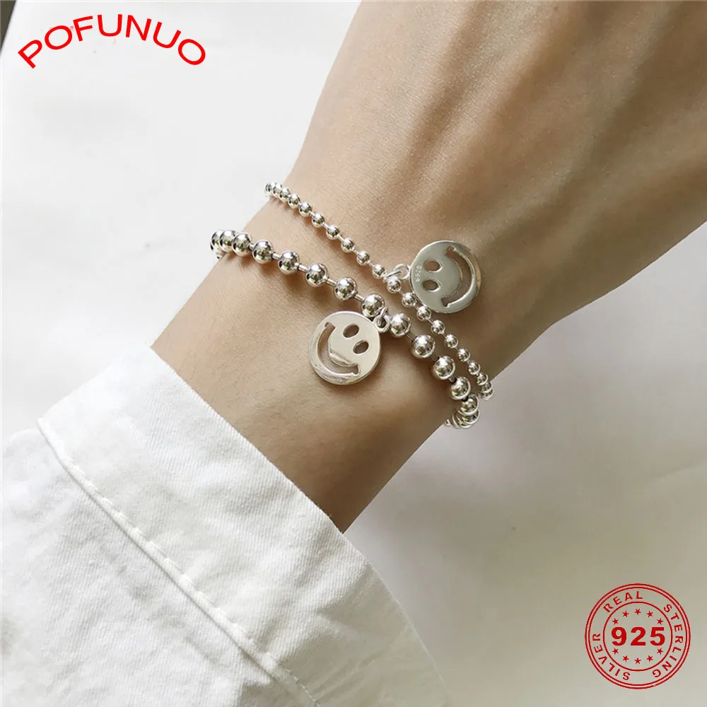 POFUNUO серебряные бусины 925 пробы звеньевая цепочка Smile Face браслеты 2 5 мм 4 бусы