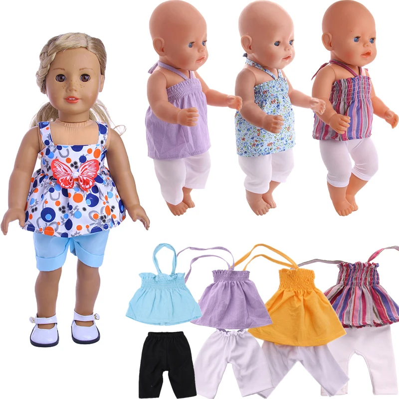 

6 Styles Of Sling Tops + Pants Solid Color Small Floral Tops For 18 Inch American Doll Girl & 43 Cm New Born Baby,Our Generation