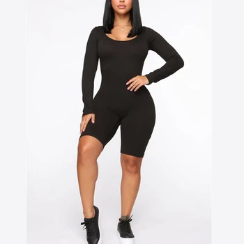 

Women's Solid Slim Playsuits New Lady Casual Backless Leotard Bodycon Playsuit Jumpsuit Long Sleeve Skinny Short Romper Clubwear