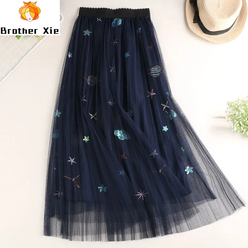 

winter new high waist show thin all over the world mesh star embroidery skirt Han version leisure medium length skirt
