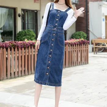 

Plus Size 5XL Women Denim Dress Spring Autumn Spaghetti Strap jeans Dresses Women Single-breasted Long Denim Overalls Sundress