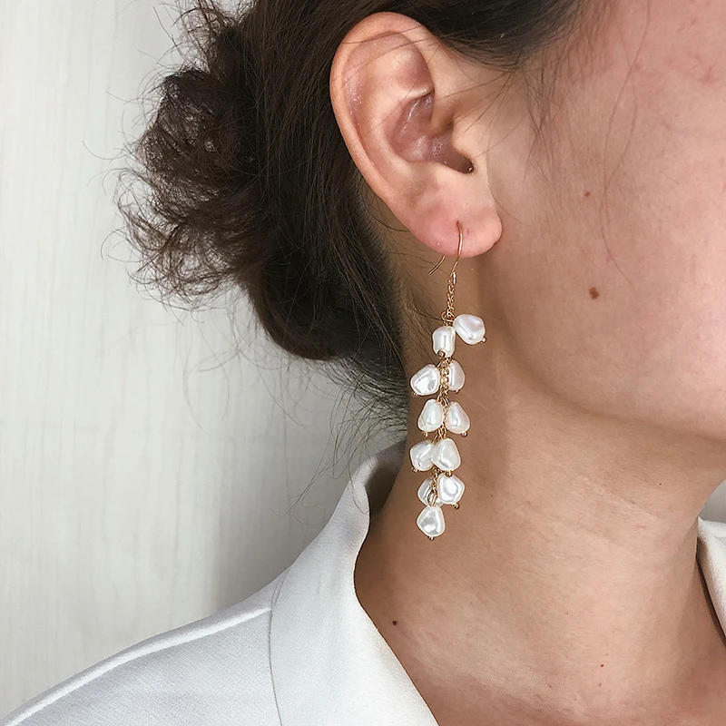

White Simulated Pearl Drop Earrings For Women Gold Color Tassel Long Hanging Dangle Earring Female Fashion Ear Jewelry Brincos