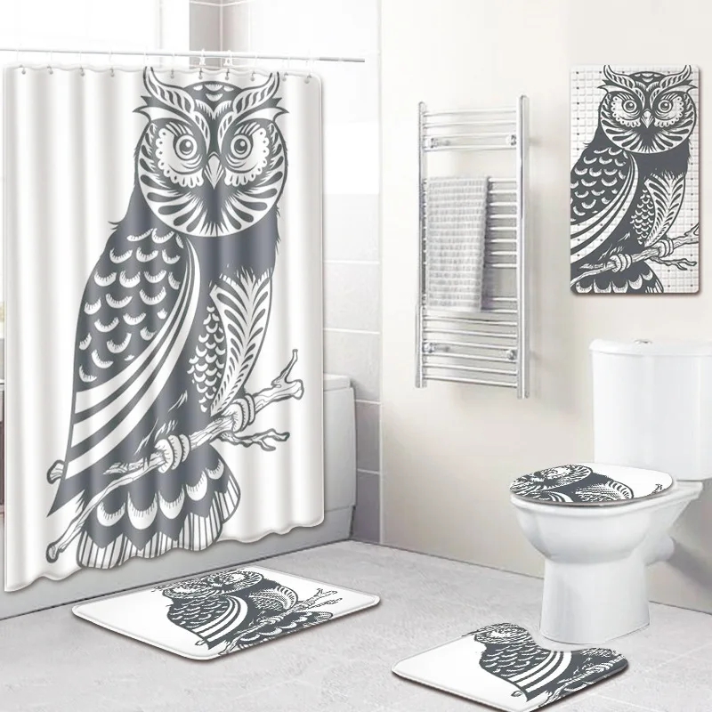 S Black and White Animal Sketch Bath Mat 5 Piece Shower Curtain Kitchen Absorbent Non-slip Carpet Bathroom Flannel Mats Toilet