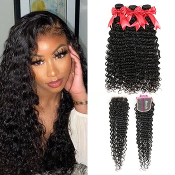 

FDX Brazilian Hair Weave Bundles With Closure 3 Bundle With Lace Closure Remy Human Hair Deep Wave Bundles With Closure