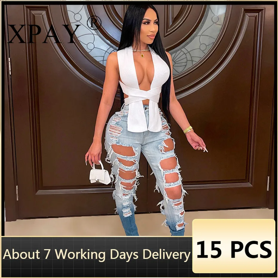 Wholesale Items Ripped Jeans For Women Fall / Autumn Hollow Out Solid Color Denim Trousers Sexy