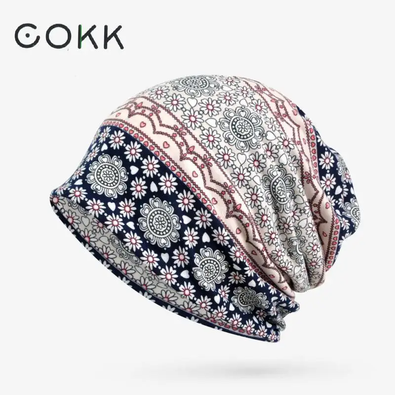 COKK хлопковые шапочки с цветочными узорами, женские шапки, винтажные шапки, головные уборы, шапка-тюрбан, женские тонкие хлопковые шапочки, стрейчевая шапка