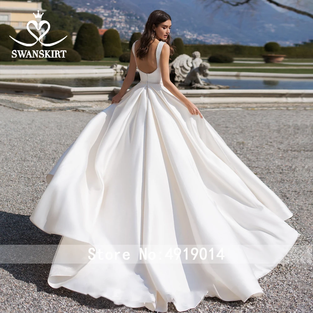 Простой Бисероплетение атласное свадебное платье Swanskirt элегантный v-образным вырезом трапециевидный Шлейф Свадебные платья под заказ Vestido de noiva VY06