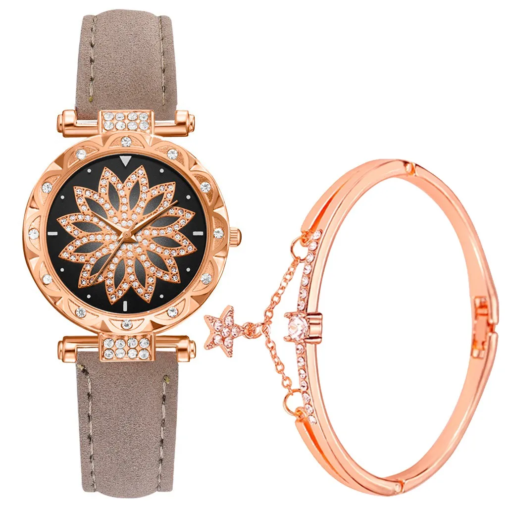 C Luxury Ladies Watch Rhinestone dial Watch Fashion simple Star Flowers Belt Ladies Bracelet Quartz Watch Gift relogio feminino - Color: C