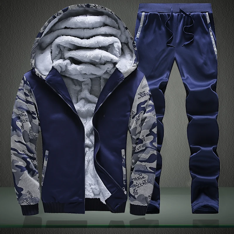 Deep blue Зимний спортивный костюм, мужской комплект из плотного флиса, толстовки+ штаны, костюм на молнии, толстовка с капюшоном, спортивная одежда, комплект, мужская толстовка с капюшоном, спортивные костюмы - Цвет: Deep blue