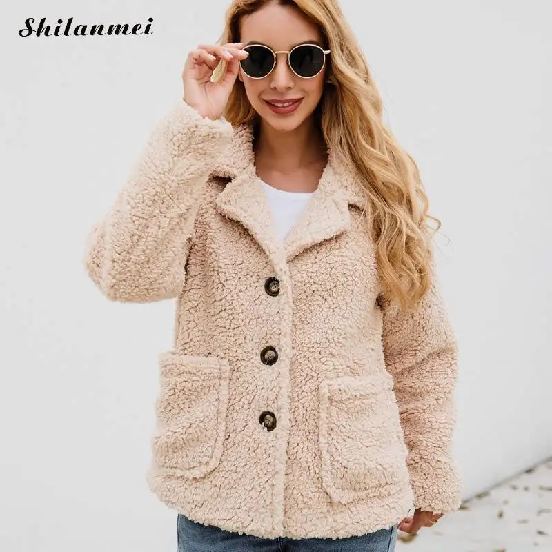

2019 Winter Fleece Jacket Women Lapel Solid Teddy Coat Women Casual Pockets Outwear Single Breasted Winter Fur Jacket Female