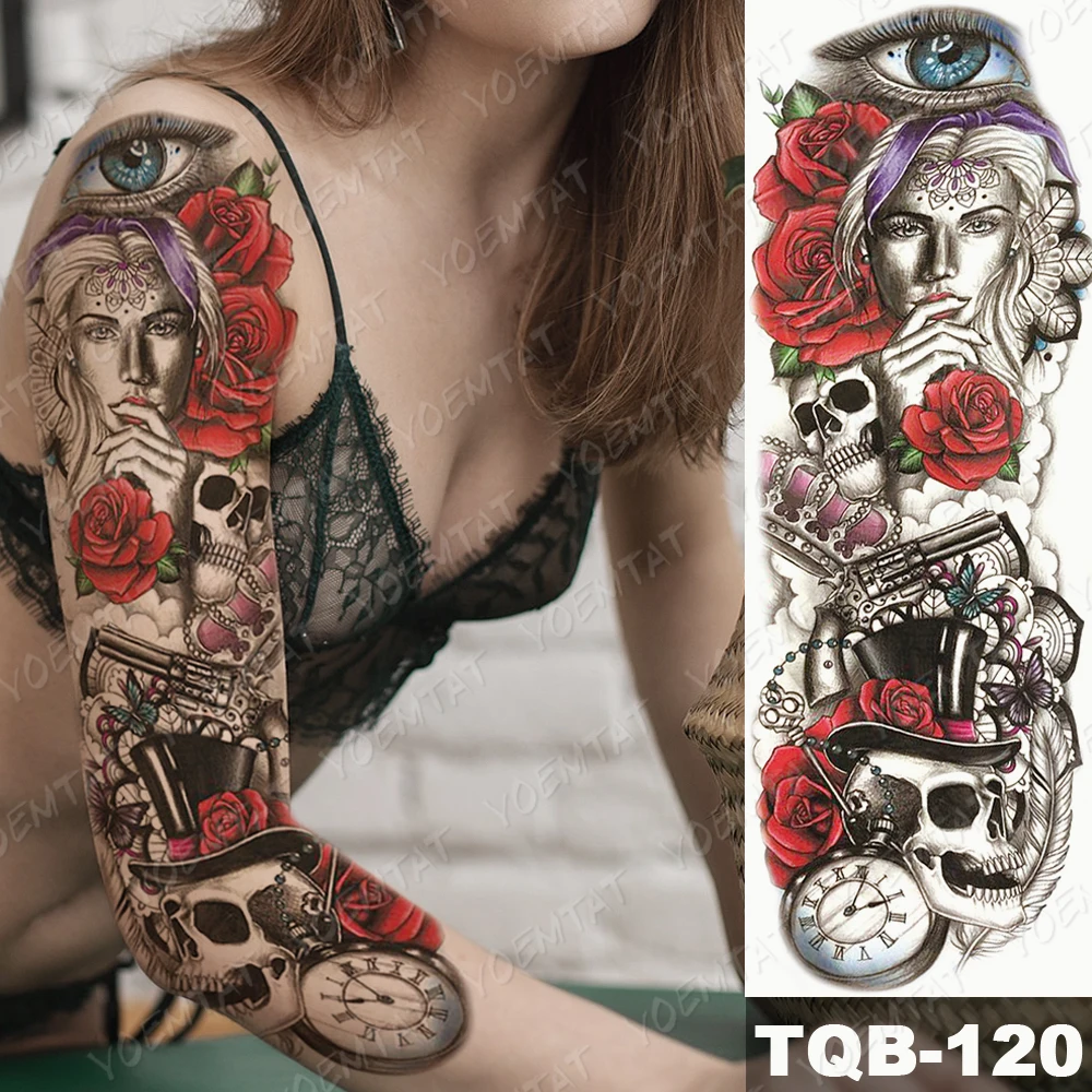

Large Arm Sleeve Tattoo Alice In Wonderland Waterproof Temporary Tatto Sticker Wolf Rose Body Art Full Fake Tatoo Women Men