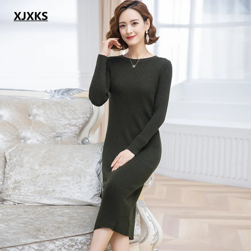 

XJXKS 2022 spring autumn new solid color all-match high elastic slim women long sweater high-end wool knit dress women pullover