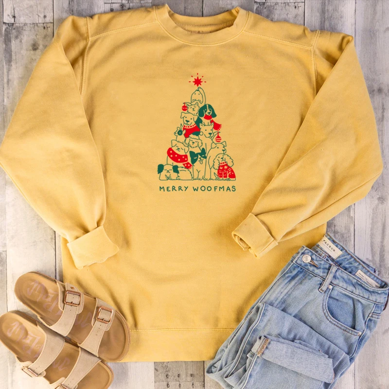 MERRY WOOFMAS. Цветная Милая арт-Толстовка забавная Женская кавайная модная хипстерская унисекс винтажная одежда джемпер с графическим рисунком пуловеры Топ - Цвет: yellow