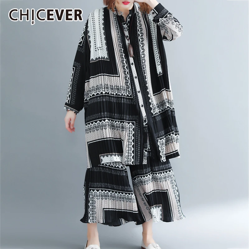 

CHICEVER Geometric Hit Color Two Piece Set Women O Neck Short Sleeve Shirt High Waist Wide Leg Pants Suits Female 2019 Fashion