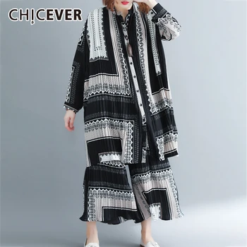 

CHICEVER Geometric Hit Color Two Piece Set Women O Neck Short Sleeve Shirt High Waist Wide Leg Pants Suits Female 2020 Fashion