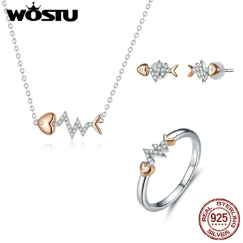

WOSTU 3pcs/Set Real 925 Sterling Silver Fishbone Jewelry Set Necklace Stud Earrings & Ring For Women Wedding Trendy Jewelry