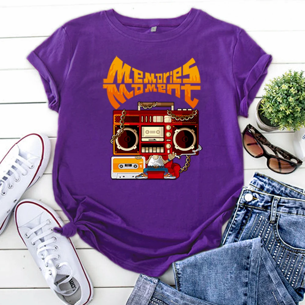 Cartoon Image Womens T-Shirt Of Radio Tape Funny Print T Shirts For Women Goth Vintage Woman Tshirts Fashion Gothic Clothing
