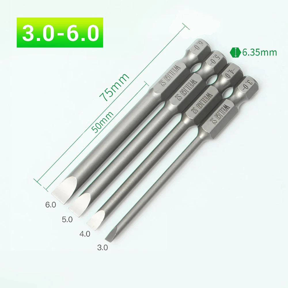 

1Set/4pc Bits For Screwdriver Electric Drill 75mm Long S2 SL3 4 5 6 Slotted Drive Magnetic Bit High Torque S1/4 Hex Repair Tools