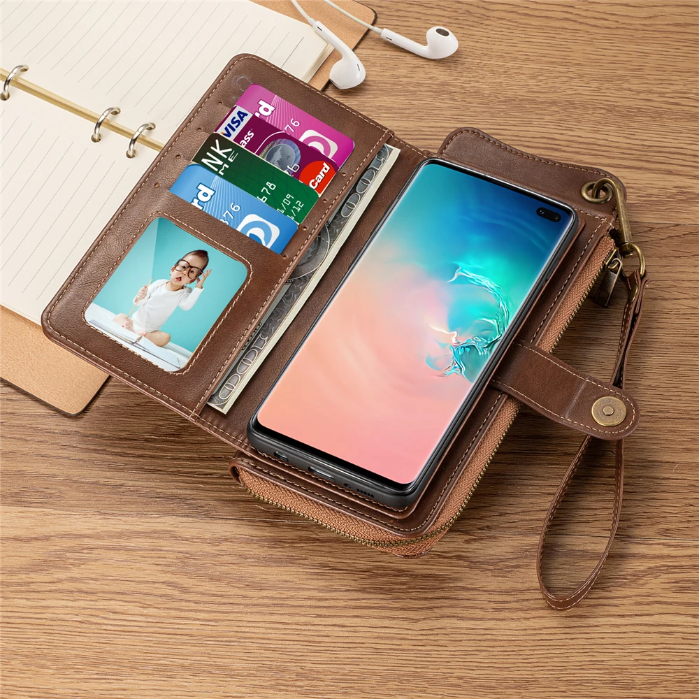 Роскошная кожаная сумка-кошелек с молнией чехол для Samsung Galaxy S10 Plus многофункциональный съемный чехол-книжка с отделением для карт, на магните чехол