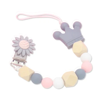 

Silicone Wood Beads Baby Pacifier Clip Chain Cute Flower Crown Pacifier Clips Soother Chew Toys Anti-Drop Chains Baby Teething T