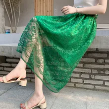 Корейская Женская весенне-осенняя кружевная юбка размера плюс,, открытая элегантная юбка Falda, длинная Плиссированная Женская юбка для праздников и вечеринок