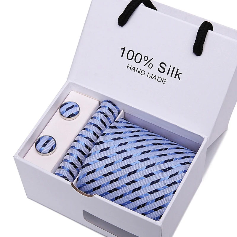  Classic 7.5cm Plaid Tie Man Wedding Tie Jacquard Men Tie Handkerchief Cufflinks Gift Box Packaging