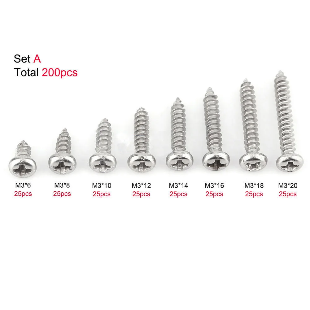 

M3 304 Stainless Steel Flat Self-Tapping Screws Assortment Kits A2-845-M3-200, A2-846-M3-200
