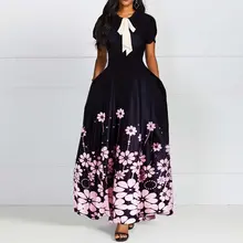 Винтажное ТРАПЕЦИЕВИДНОЕ Женское Платье макси с цветочным принтом, коротким рукавом, круглым вырезом и бантом, платье со стандартной талией, Осень-зима, Лидер продаж