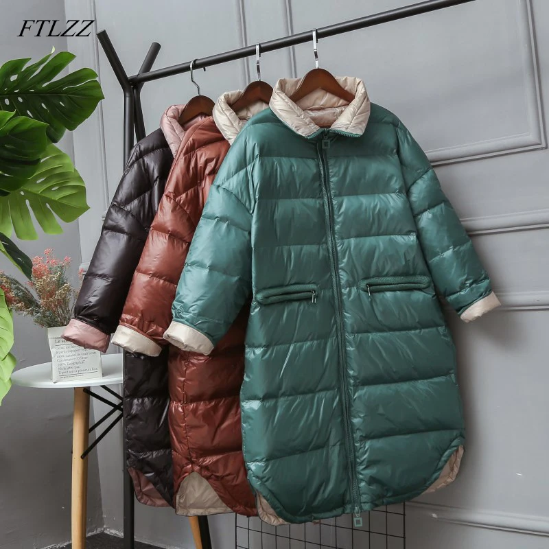 

FTLZZ 2019 Winter White Duck Down Jacket Women Slim Ultra Light Down Long Coat Female Warm Parkas Glossy Snow Outwear